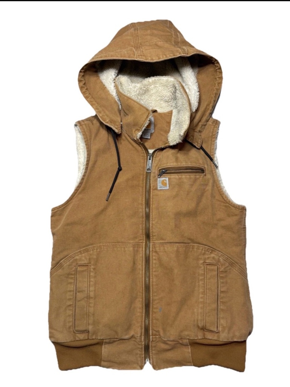 Carhartt Hooded Vest Sherpa Lined Duck Canvas Brown Faded Workwear Unisex Small